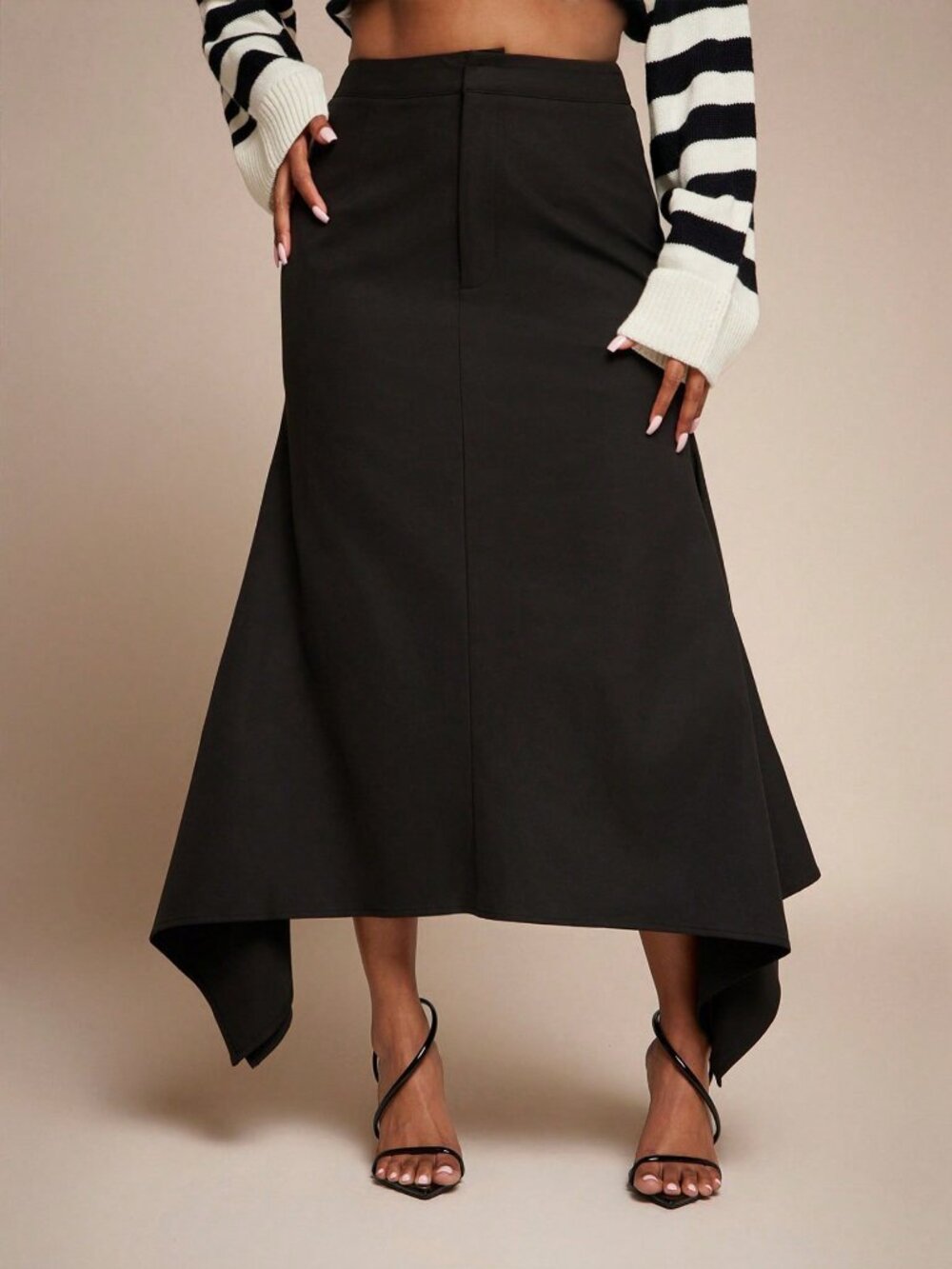Black Elegant Women's Slight Stretch High Waist Asymmetrical Hem Office Skirt - Picture 2 of 5